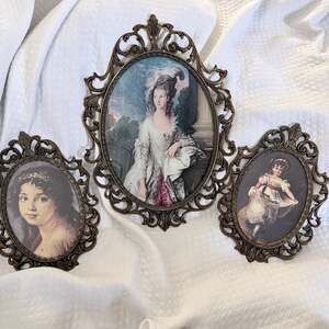Vintage Italian Brass Filigree Wall Frames Trio Ornate Rococo Portrait Art Set C